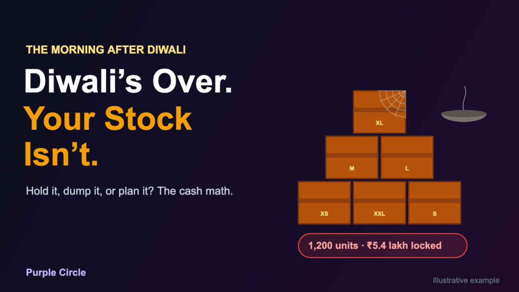 Stacked boxes of unsold sizes with a cobweb and an unlit diya: 1,200 units and ₹5.4 lakh locked after Diwali